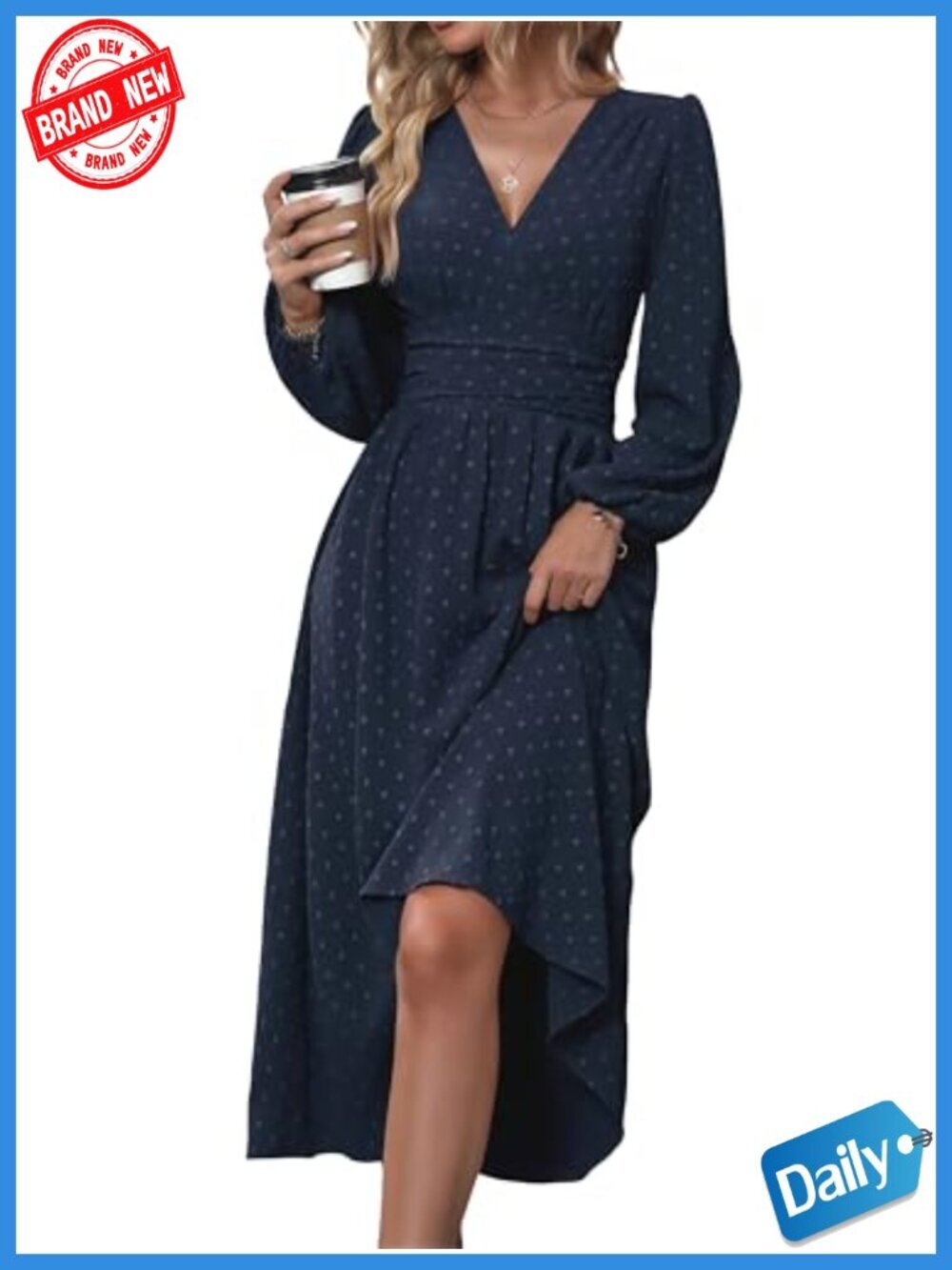 Swiss Dot V-Neck Midi Dress with Puff Lantern Sleeves A-Line Flowy Wedding Guest
